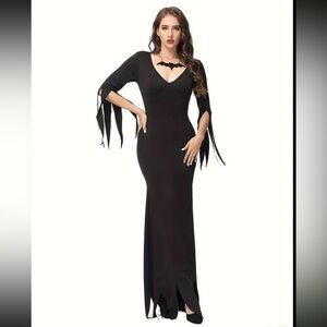 NWOT Morticia Addams Inspiredb Vampy Black Tentacle Sleeve Maxi Dress